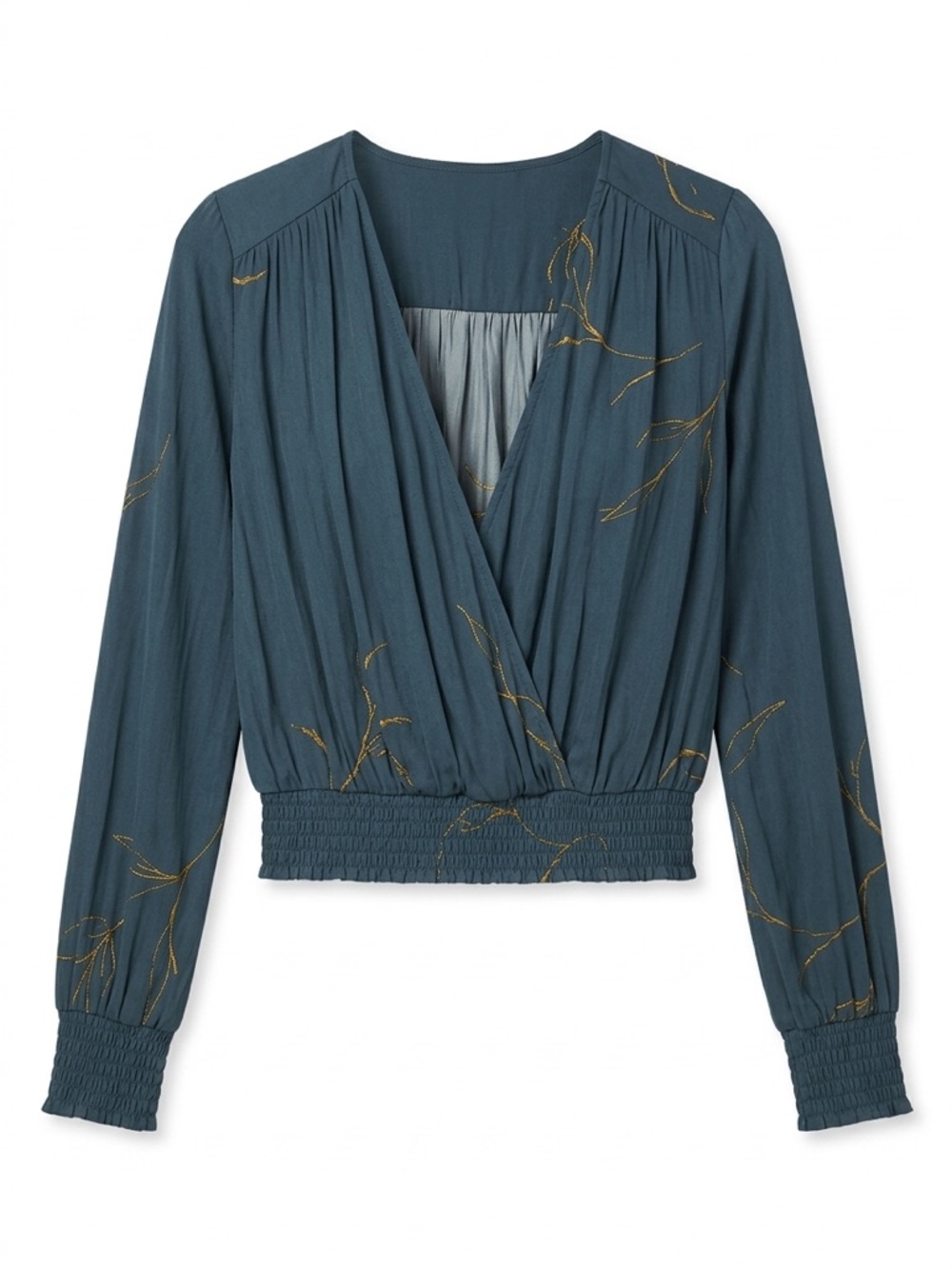 Grade & Gather Teal Wrap Blouse Gold Print Size L Boho Sheer Top